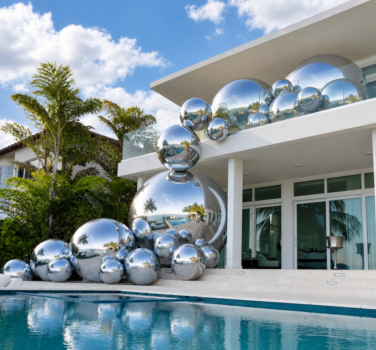 Composition de ballons miroirs argentés autour d’une piscine et sur une terrasse