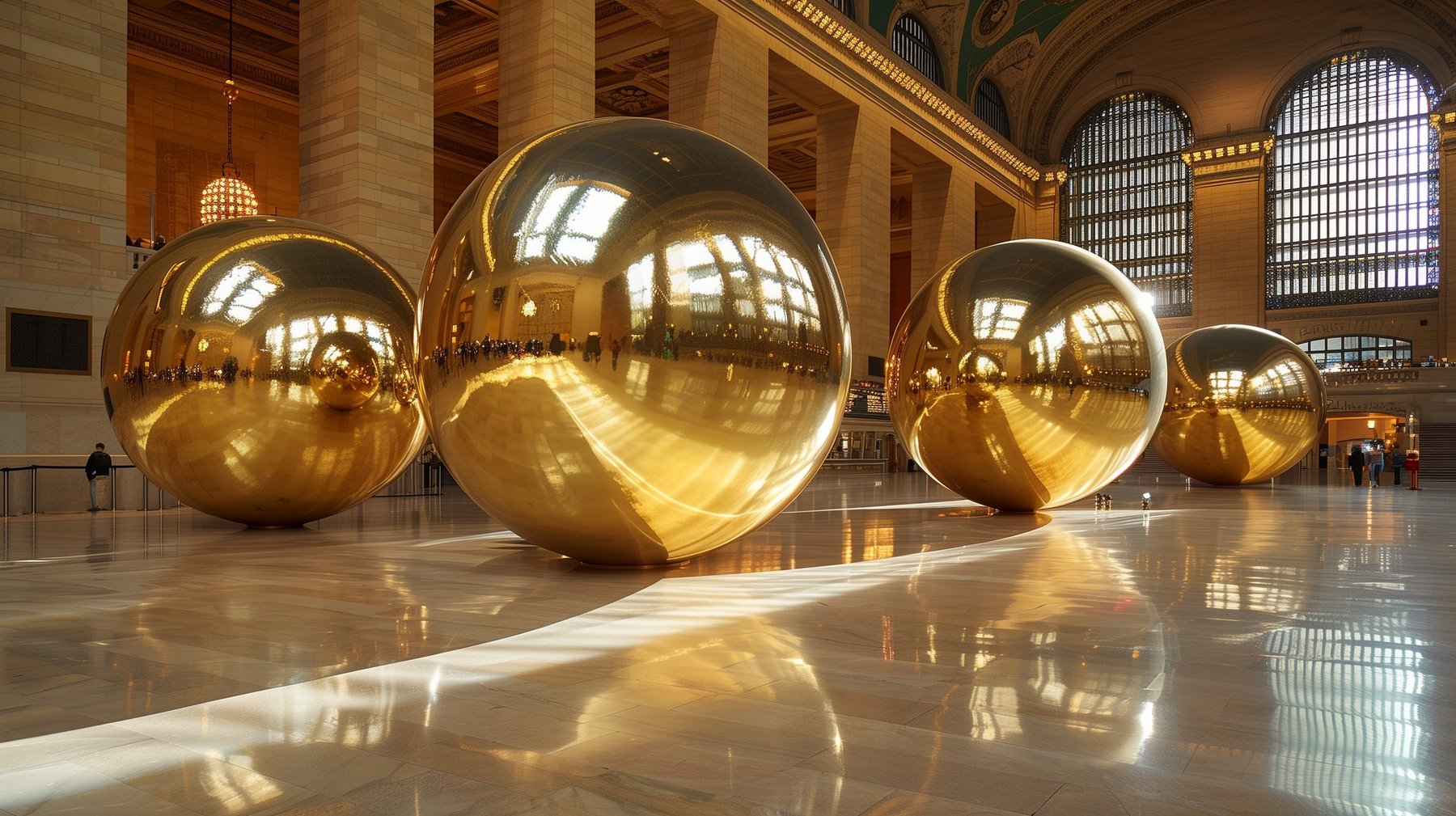 Ballons miroirs dorés dans une grande salle à colonnes