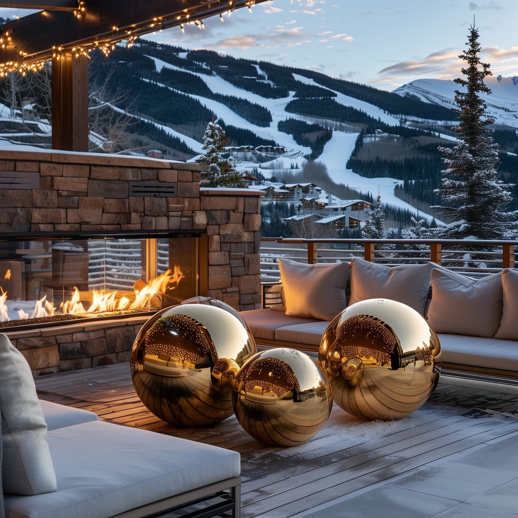 Ballons miroirs dorés dans un salon avec cheminée et vue sur la montagne