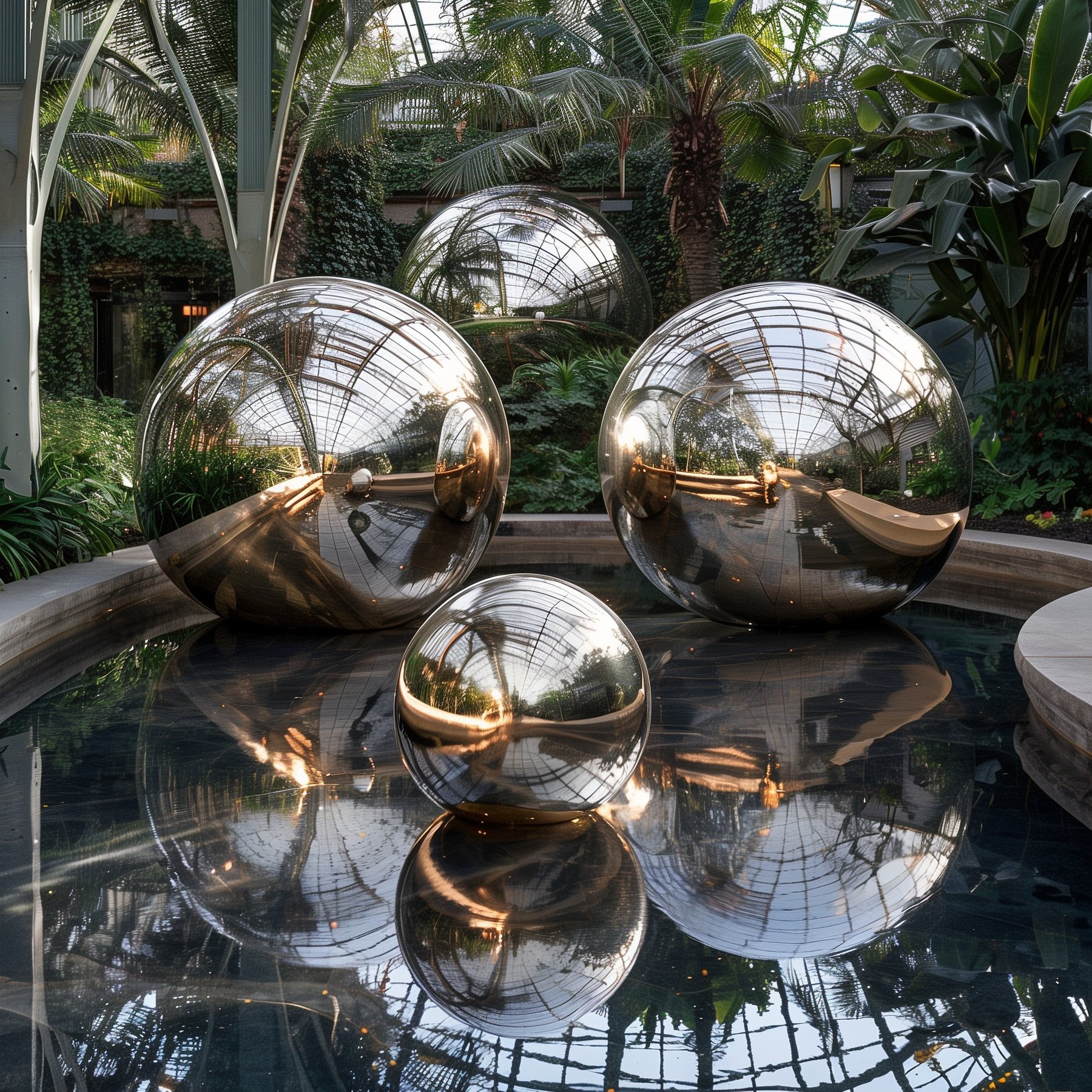 Ballons miroirs argentés dans un décor végétalisé