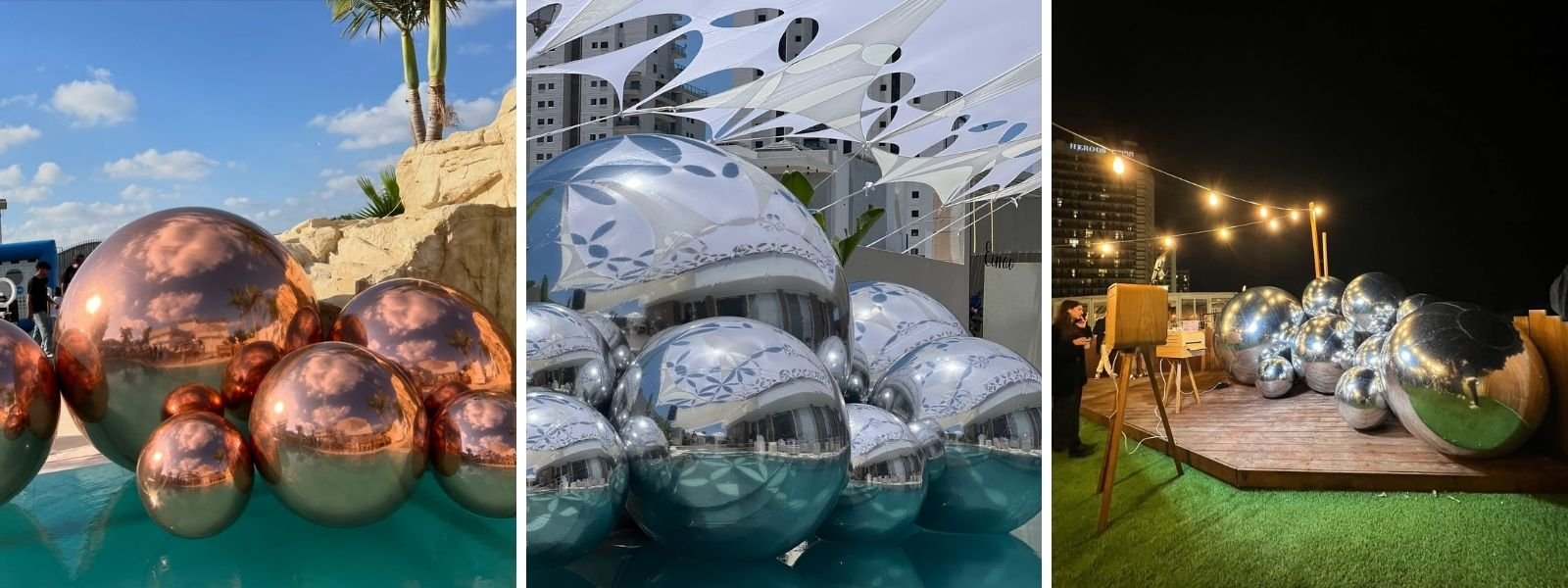 Sélection d’ambiances avec ballons miroirs cuivrés et argentés