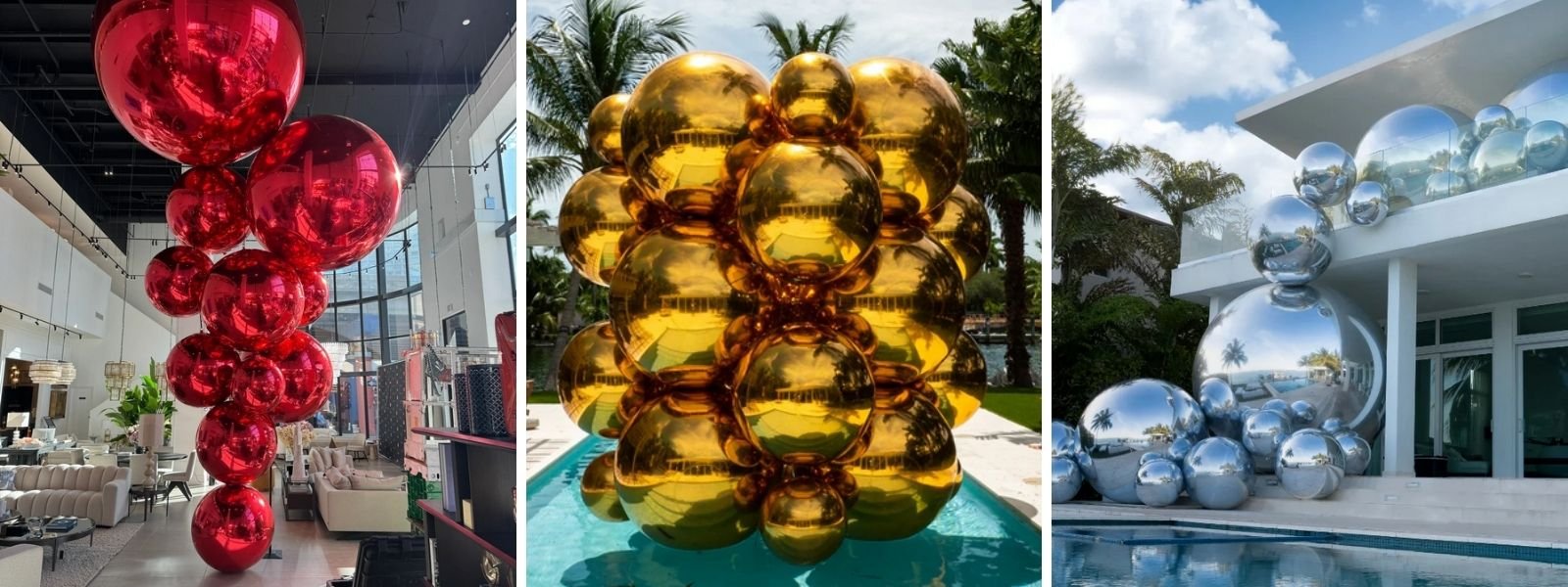 Exemples de compositions de ballons miroirs rouges, dorés et argentés