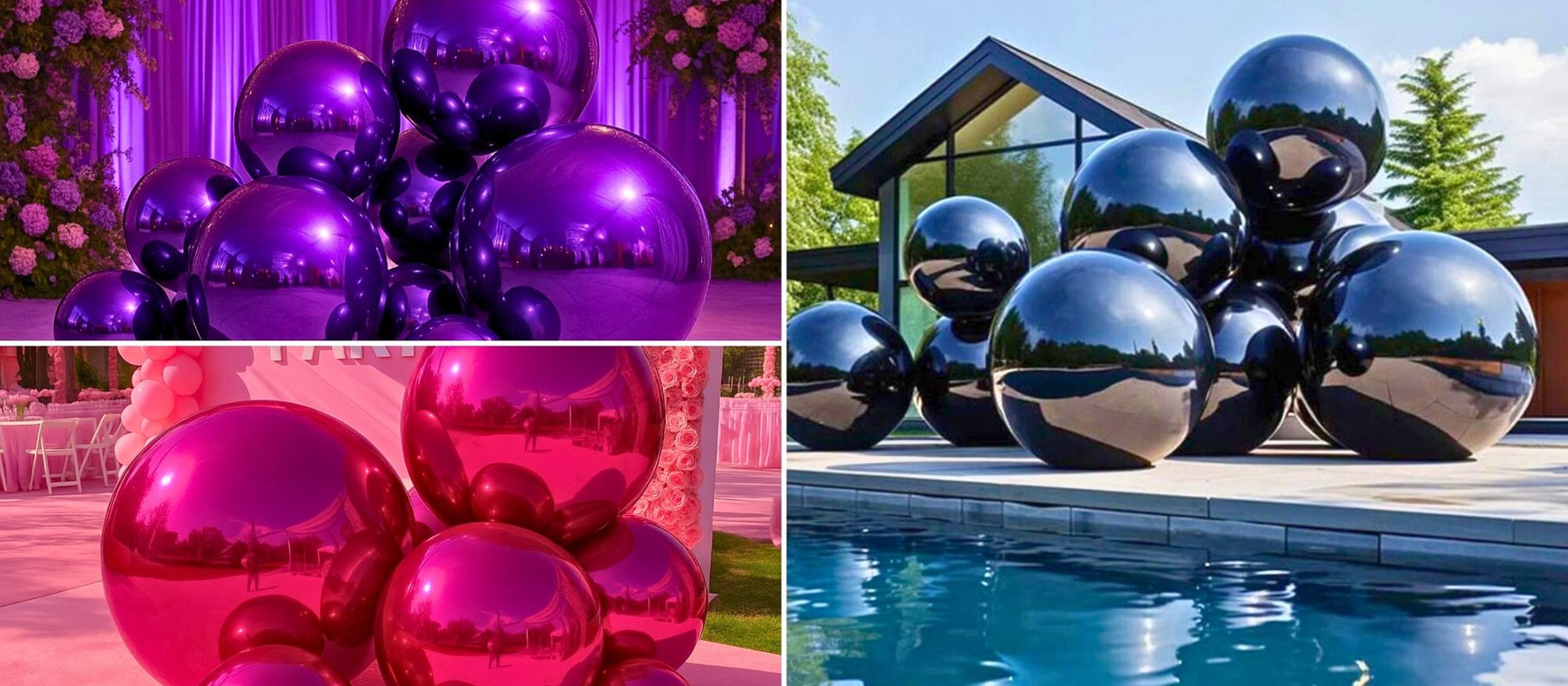 Exemples de décors avec ballons miroirs violets, roses et noirs