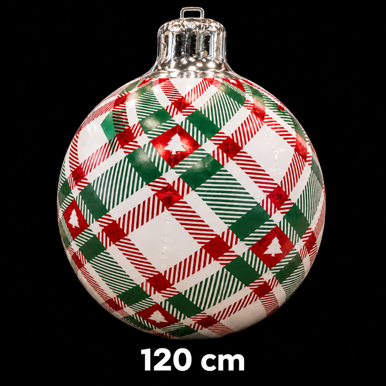 Boule de Noël gonflable blanche à motif écossais rouge et vert avec sapins, diamètre 120 cm