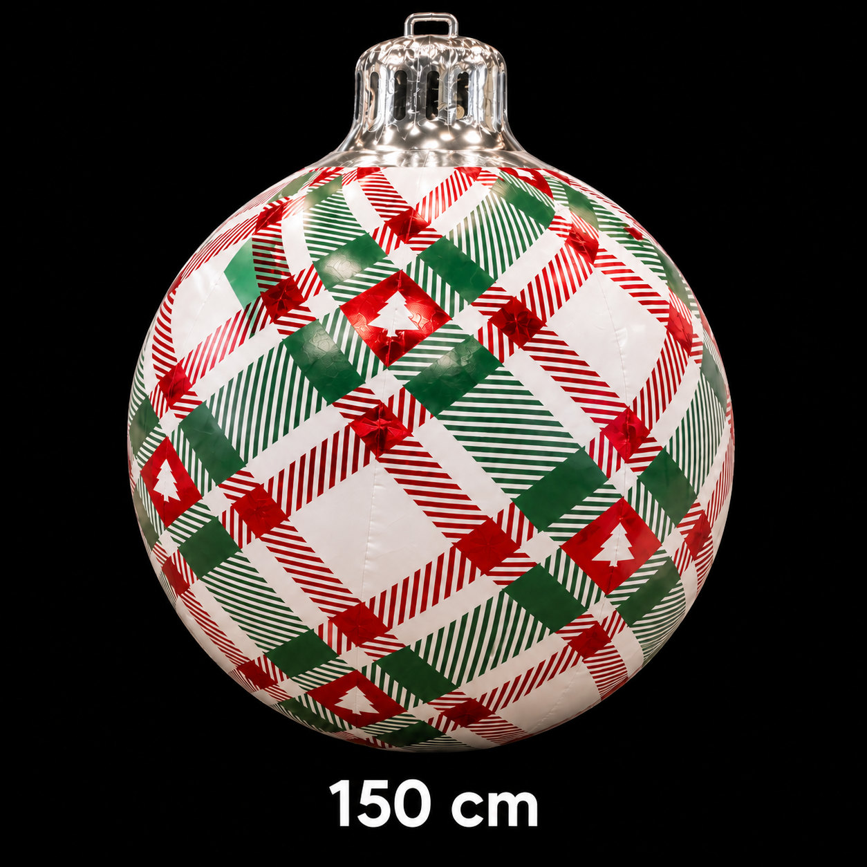 Boule de Noël gonflable blanche à motif écossais rouge et vert avec sapins, diamètre 150 cm
