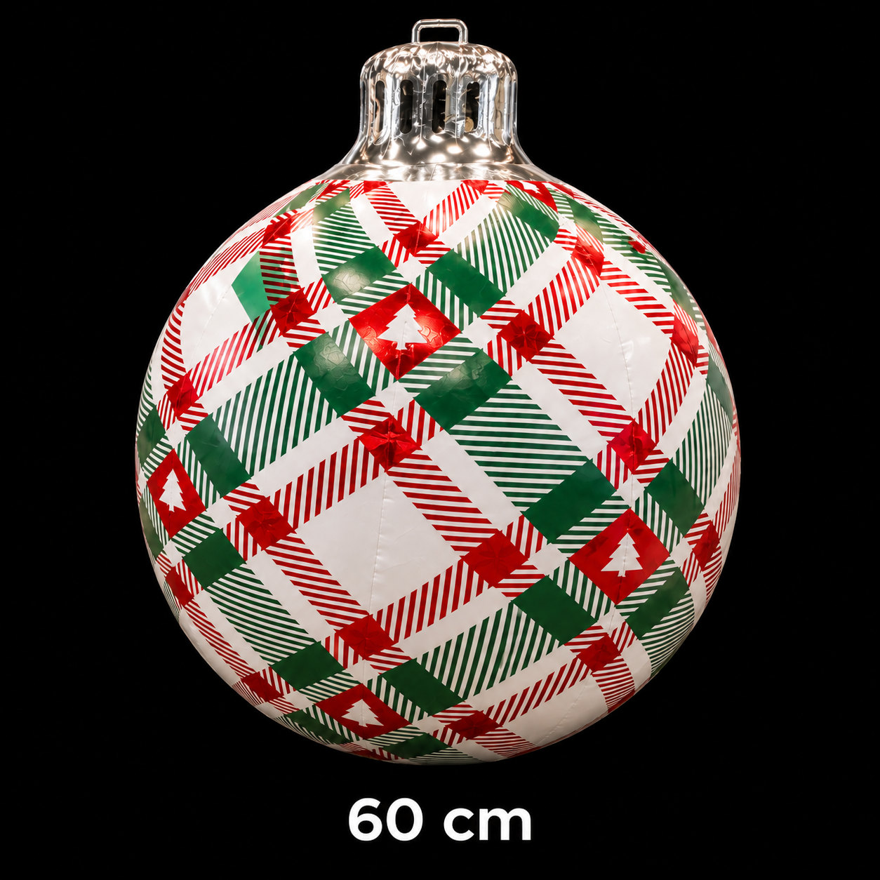 Boule de Noël gonflable blanche à motif écossais rouge et vert avec sapins, diamètre 60 cm