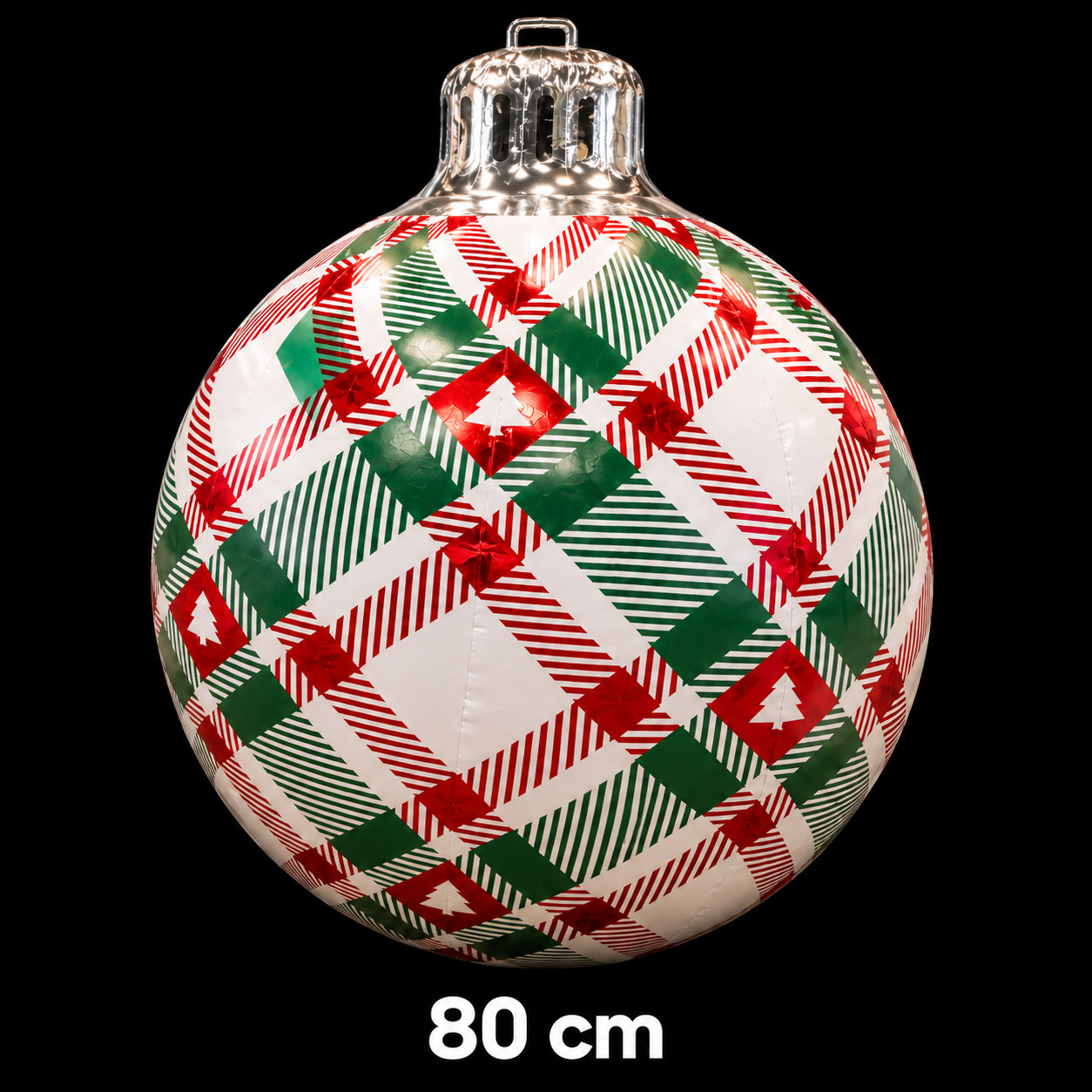 Boule de Noël gonflable blanche à motif écossais rouge et vert avec sapins, diamètre 80 cm