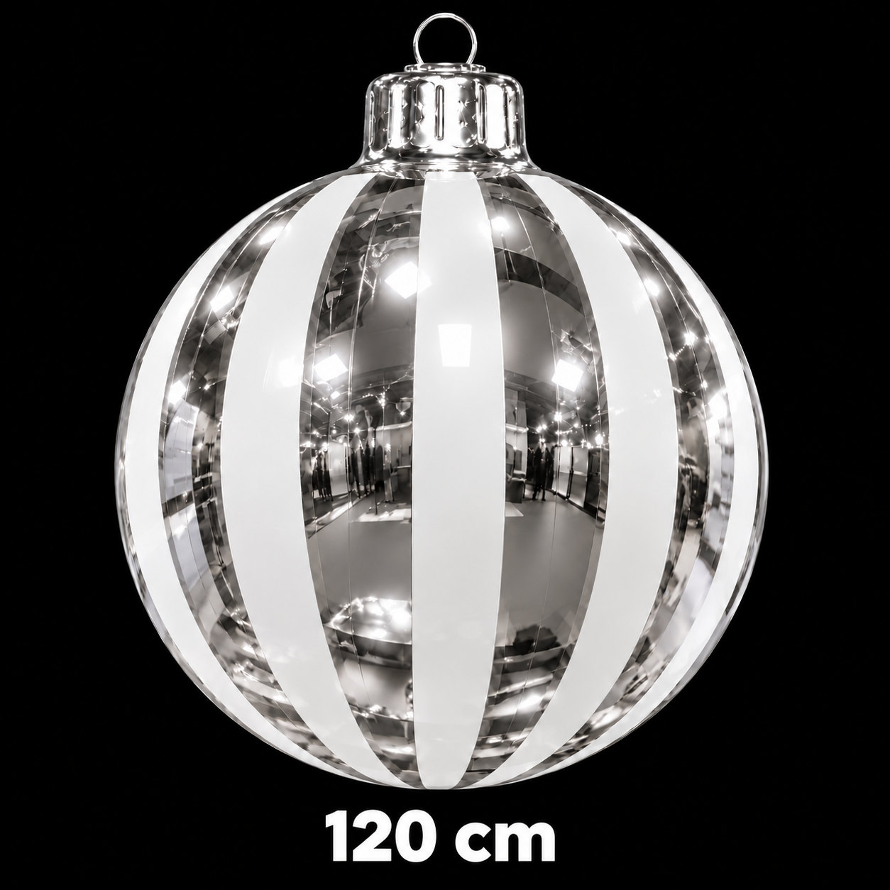 Boule de Noël gonflable argentée à rayures blanches, diamètre 120 cm