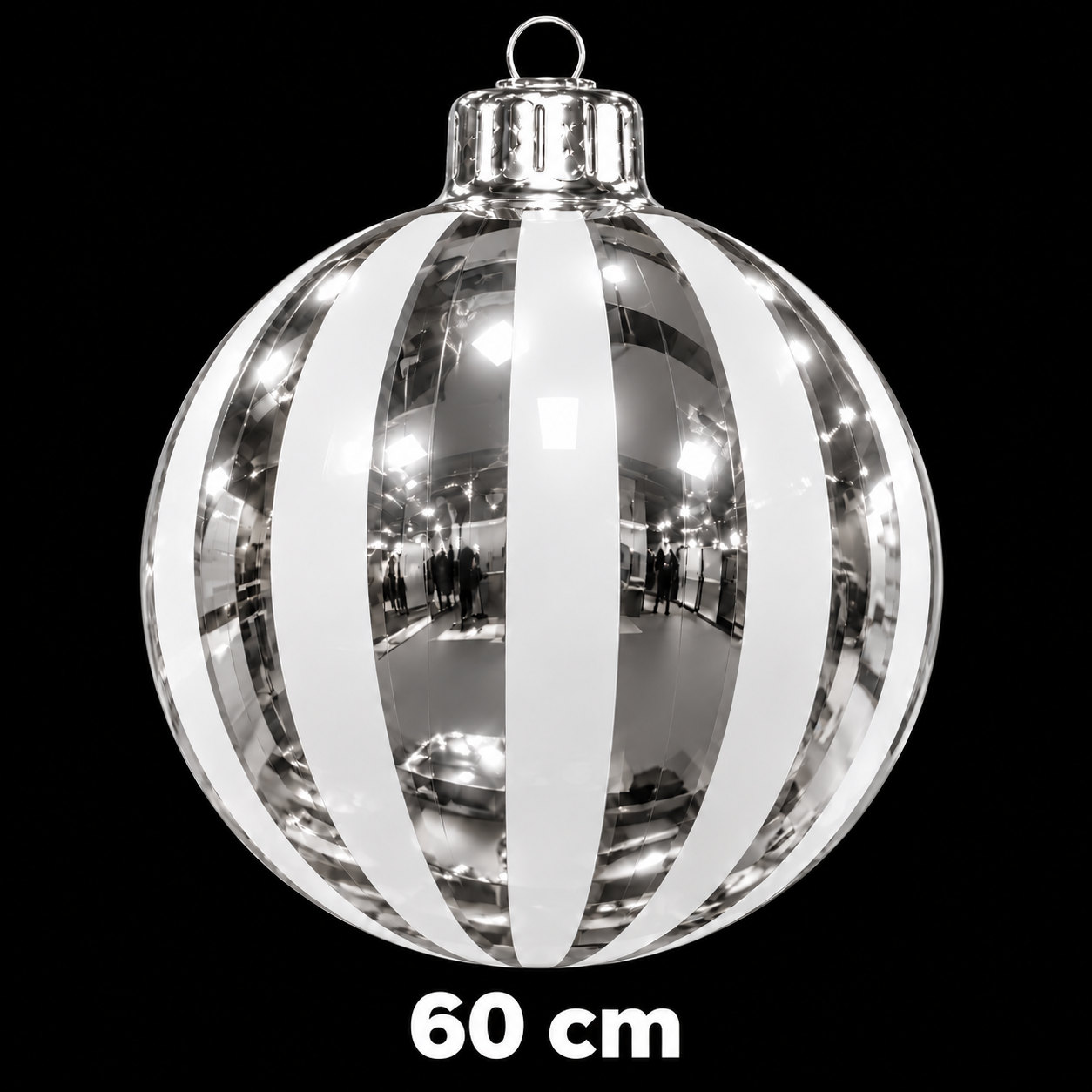 Boule de Noël gonflable argentée à rayures blanches, diamètre 60 cm