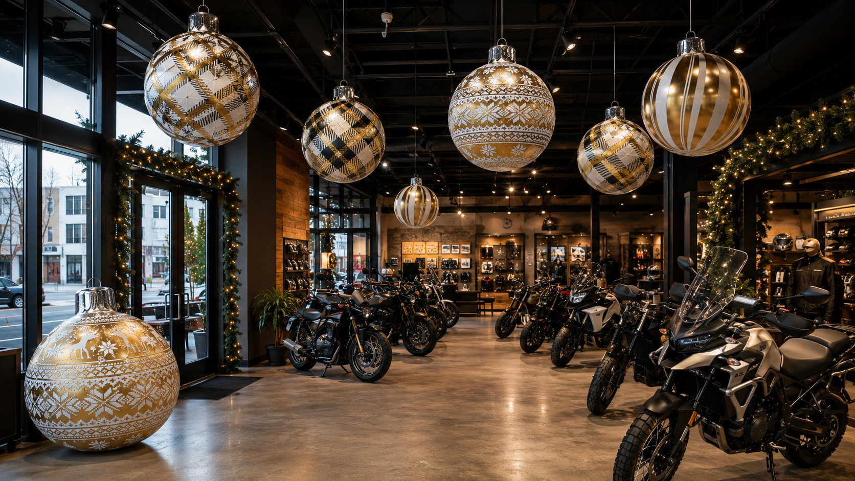 Boules de Noël dorées suspendues dans un espace de présentation de motos