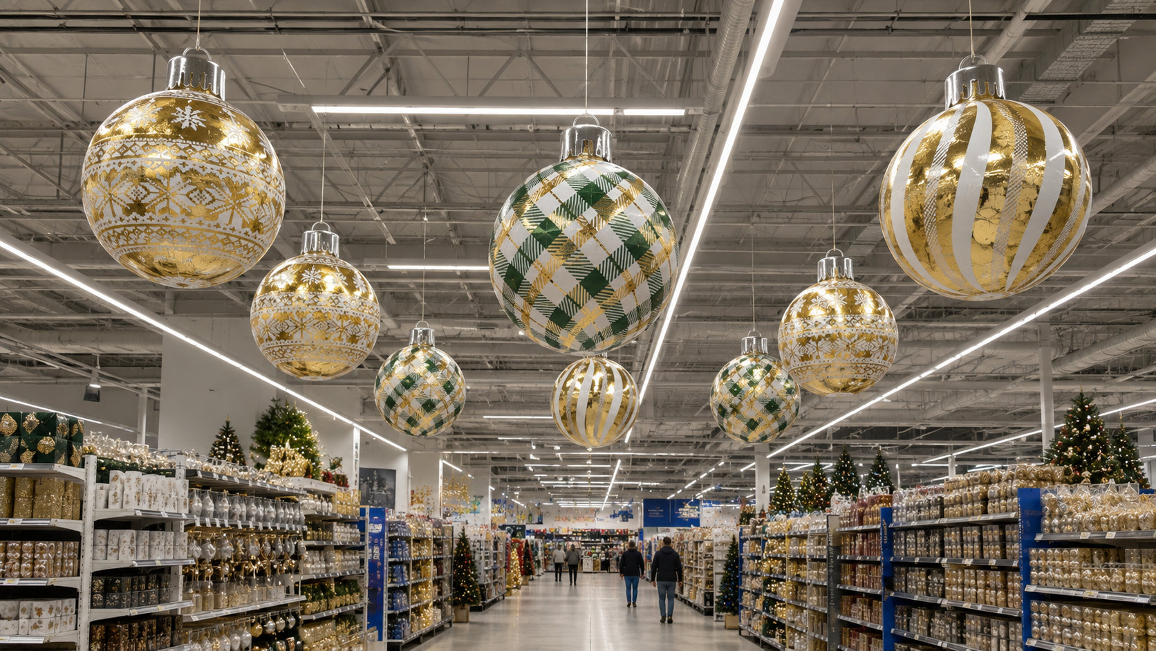 Boules de Noël dorées et vertes suspendues dans les allées d’un magasin