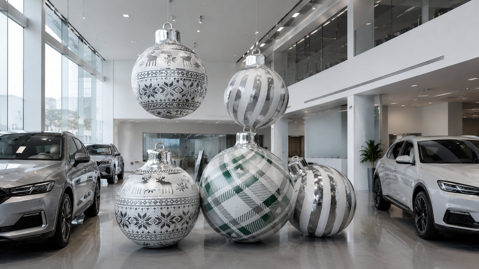 Boules de Noël argentées dans un espace de présentation automobile