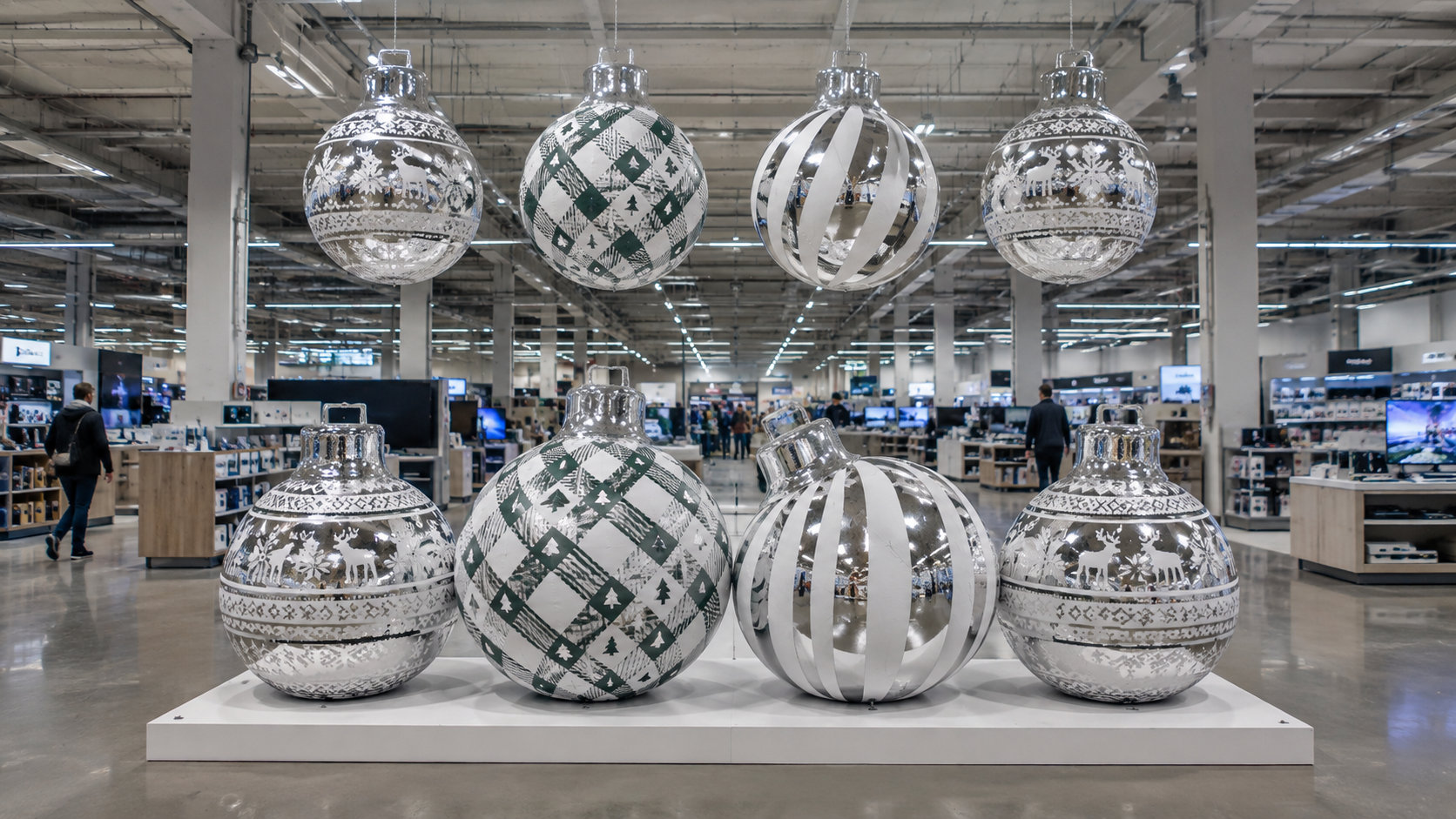 Décoration de magasin avec boules de Noël argentées au sol et suspendues