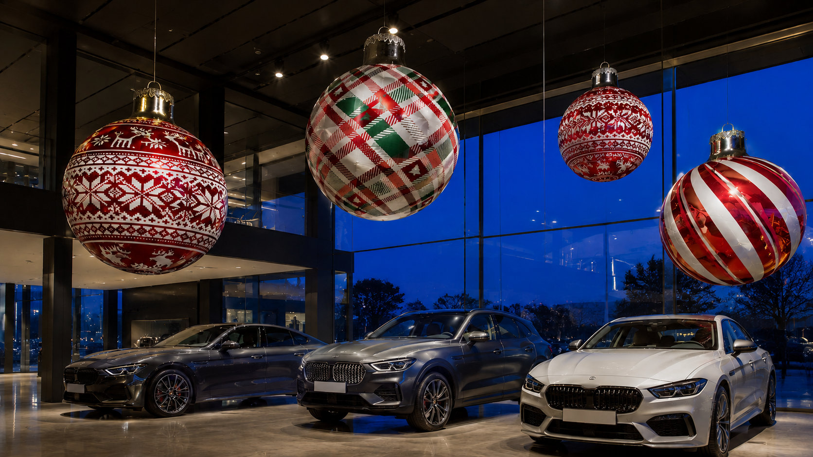 Boules de Noël rouges suspendues devant les vitrines d’un showroom