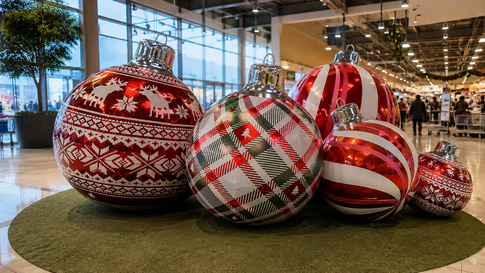 Boules de Noël rouges de plusieurs formats dans une galerie commerciale