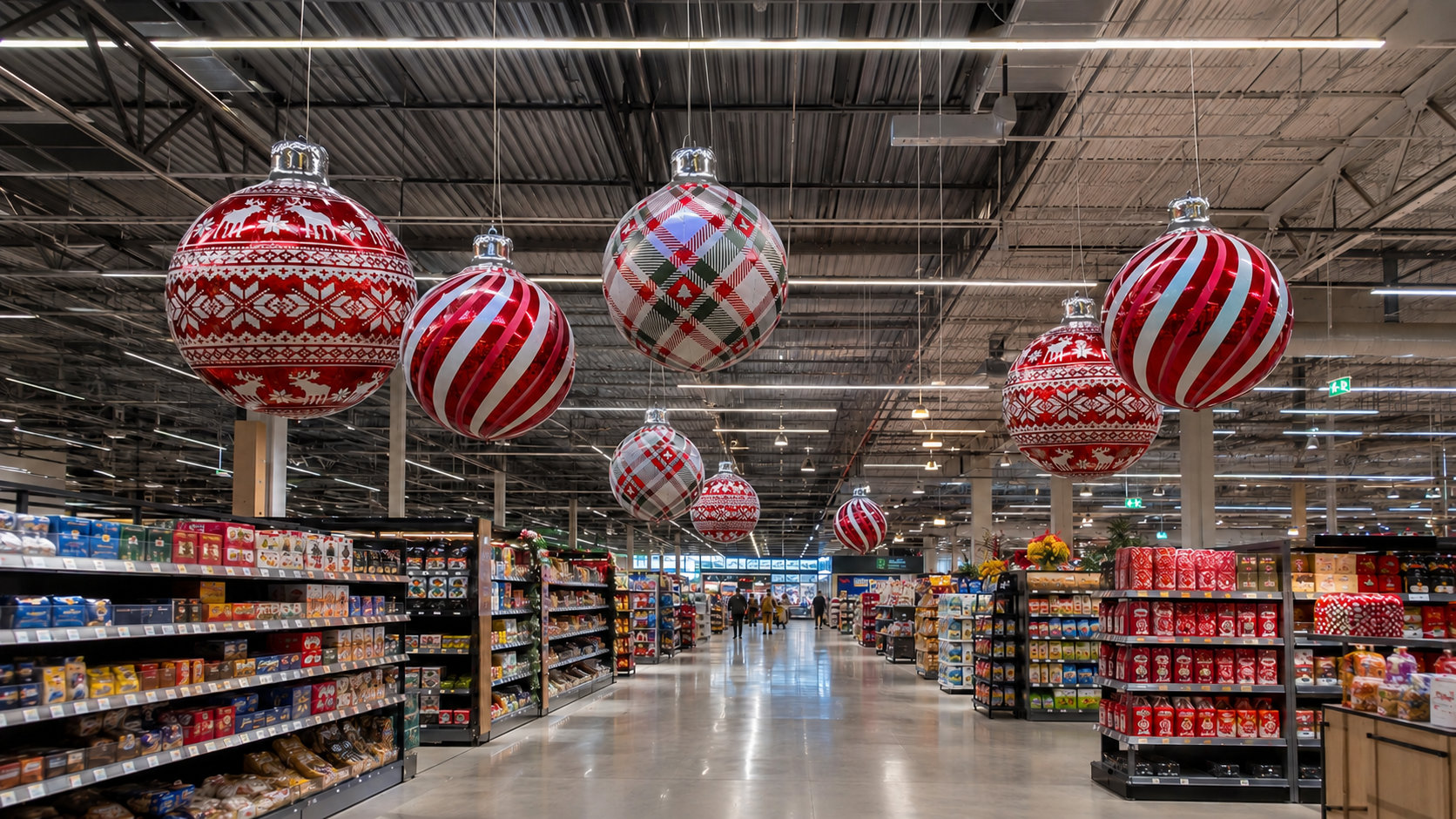 Boules de Noël rouges suspendues dans les allées d’un magasin