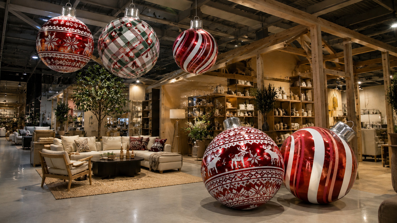 Composition de boules de Noël rouges dans un espace d’ameublement