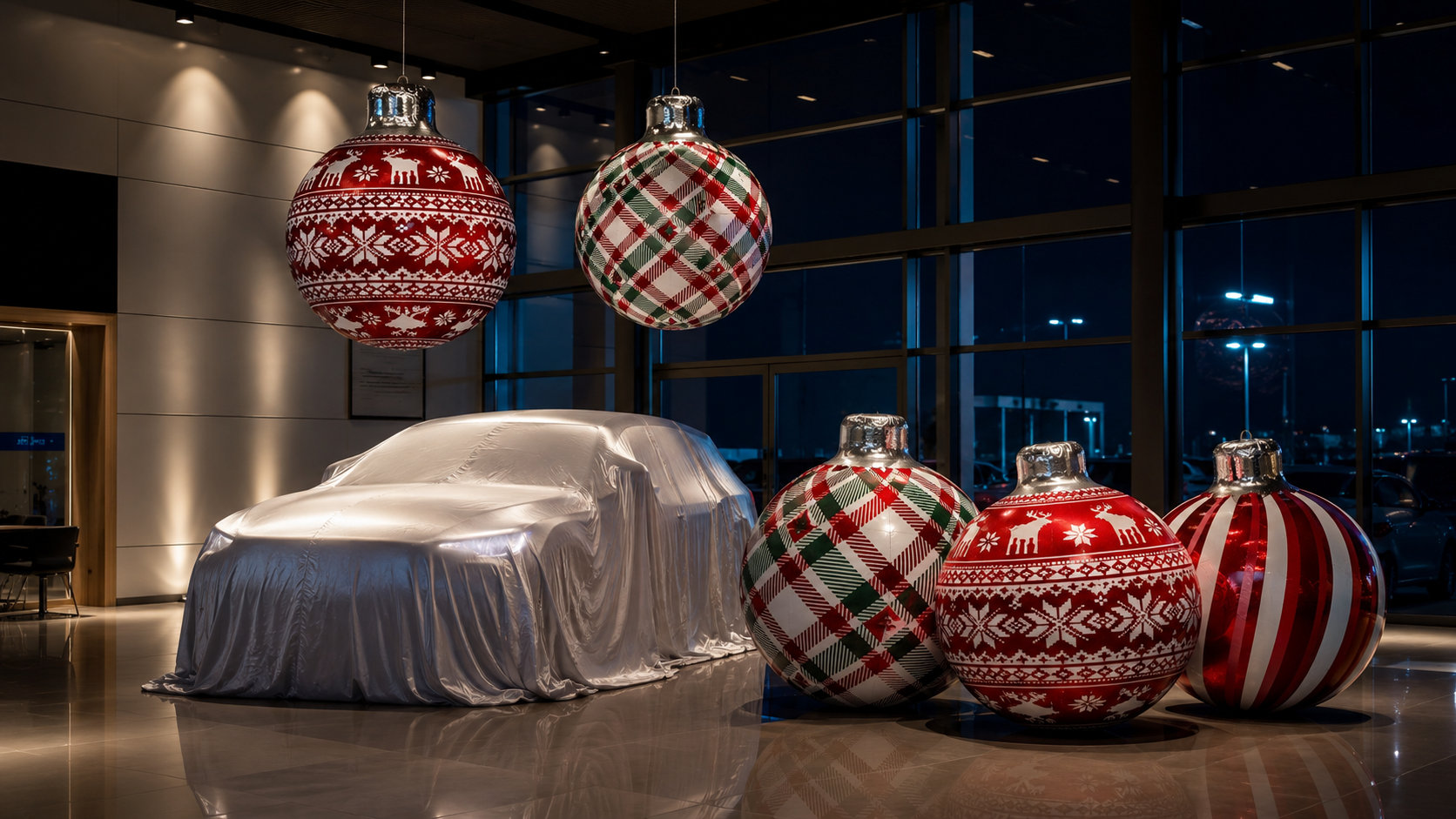 Boules de Noël rouges autour d’une voiture présentée sous une housse