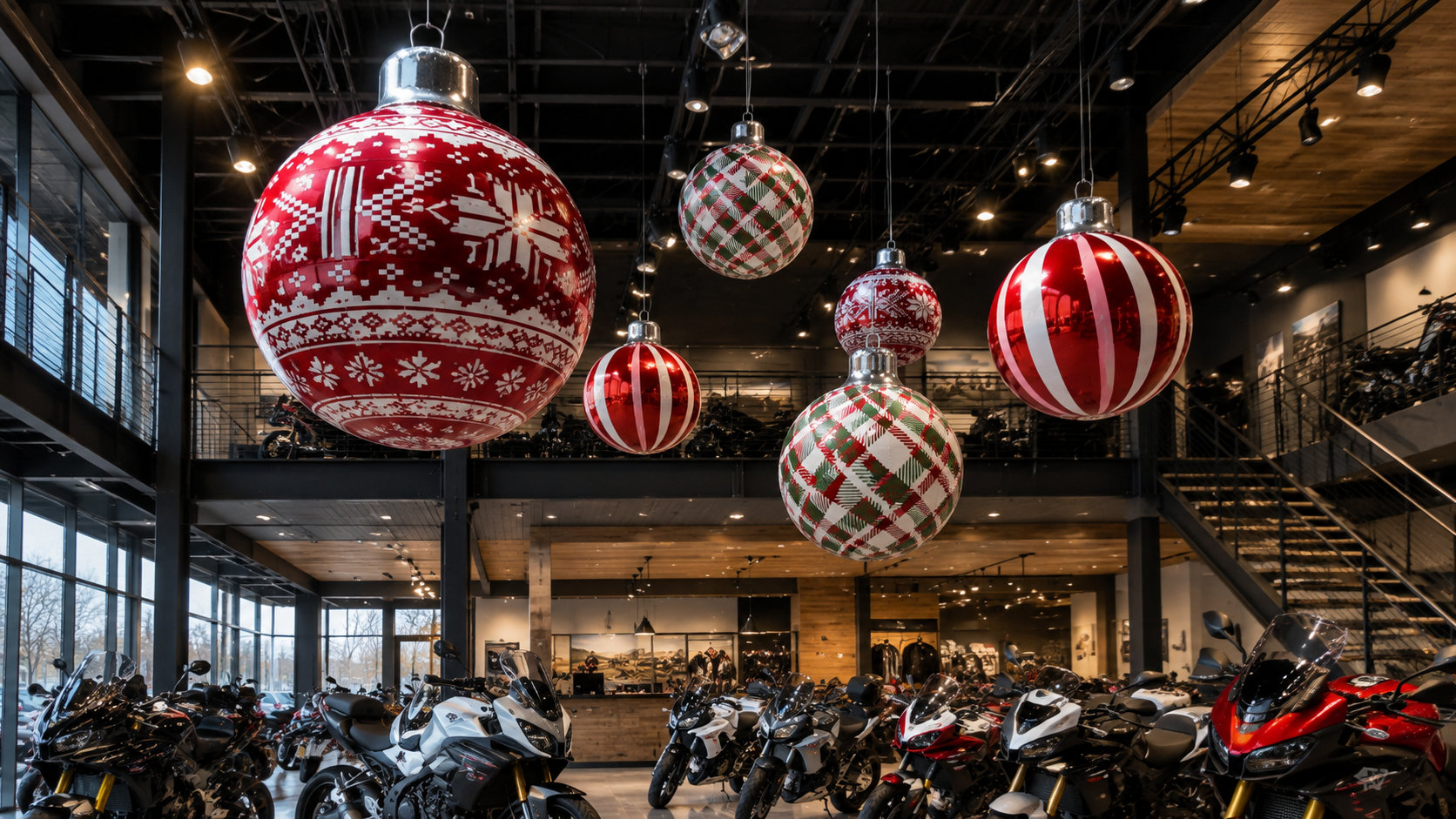 Composition de boules de Noël rouges dans un showroom de motos