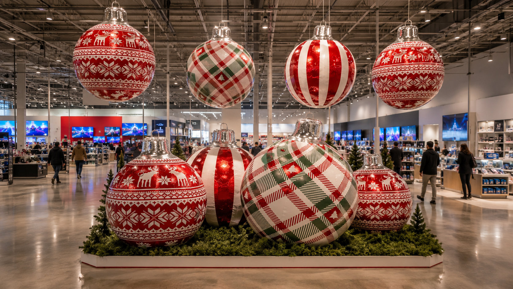 Boules de Noël rouges dans un espace commercial décoré pour les fêtes