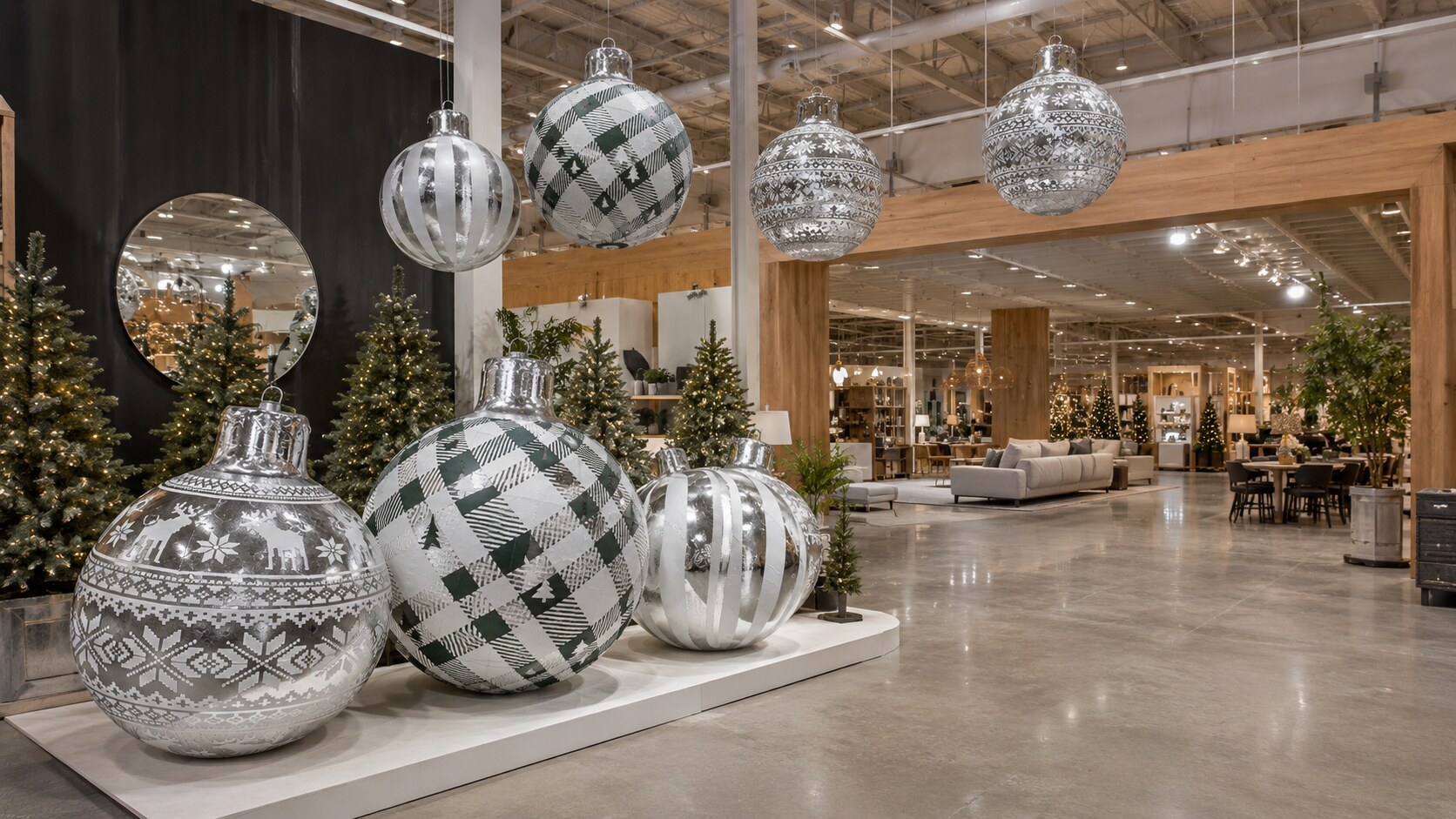Boules de Noël gonflables argentées dans un centre commercial