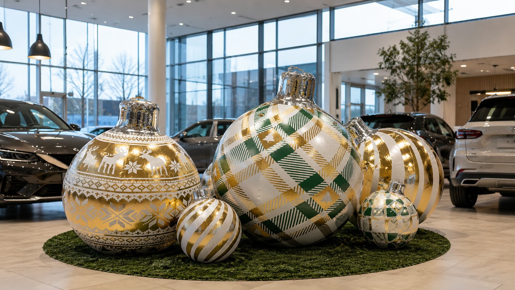 Boules de Noël gonflables dorées dans une concession