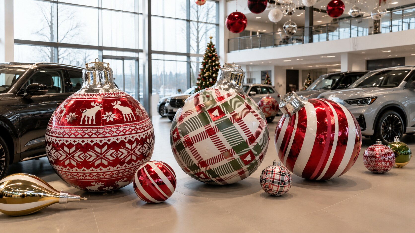 Boules de Noël gonflables rouges dans une concession