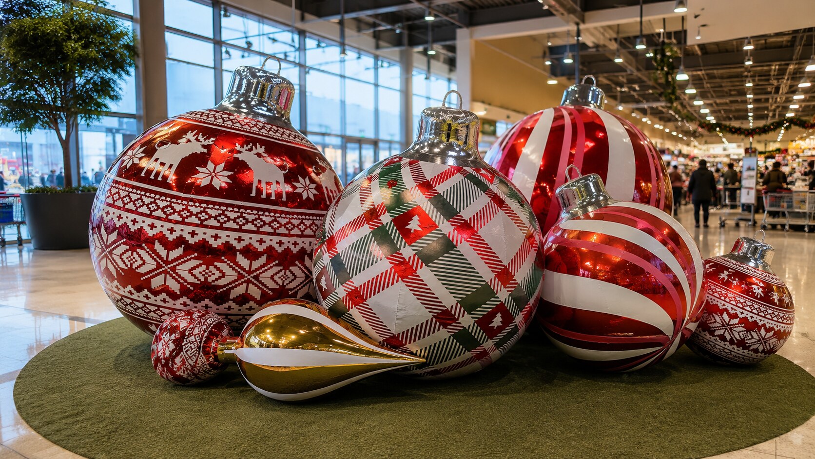 Boules de Noël gonflables rouges et argentées à motifs