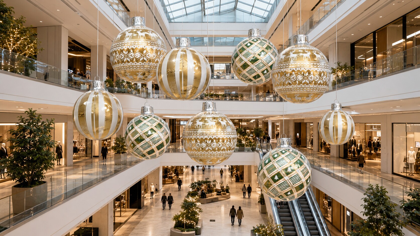 Boules de Noël gonflables dorées en centre commercial