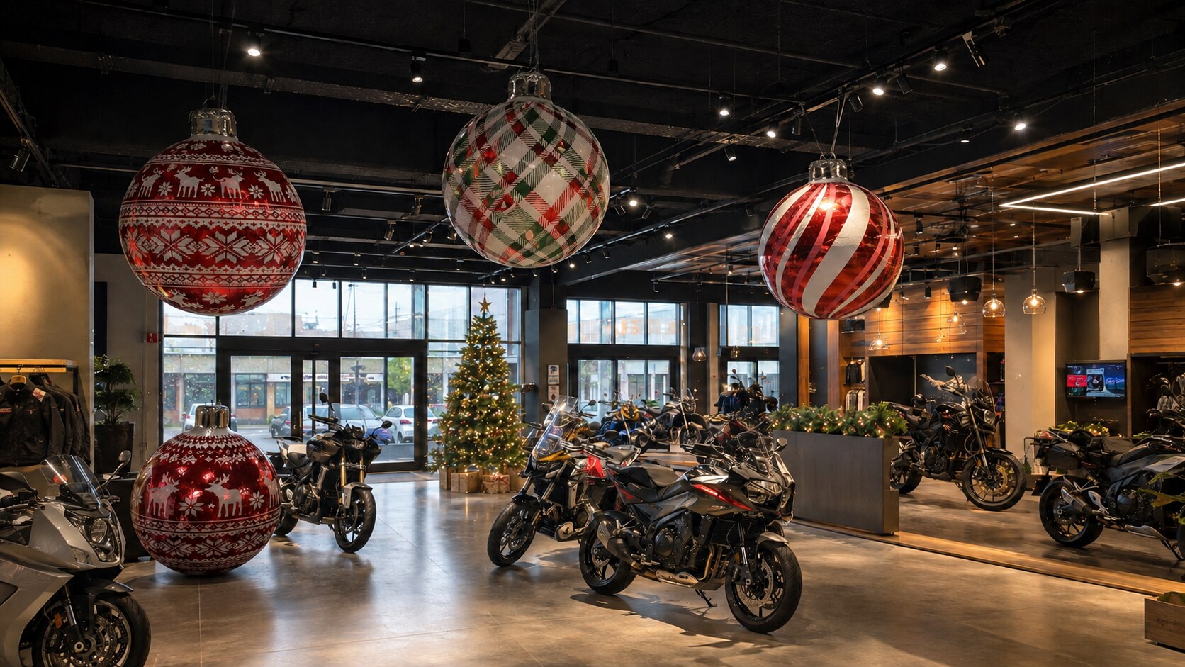 Boules de Noël gonflables rouges dans un espace événementiel