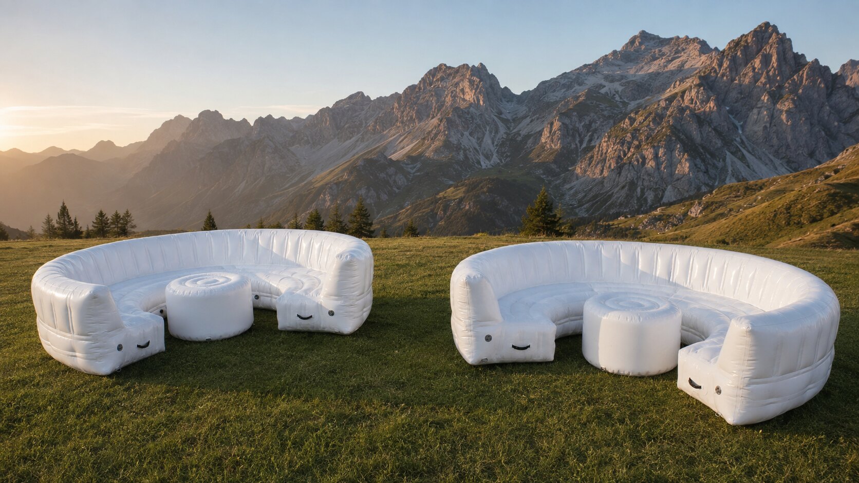 Canapés gonflables FATPOP blancs dans un décor de montagne